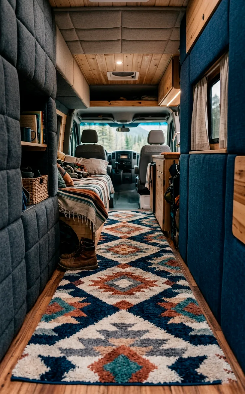 Plush washable runner rug on the floor of a sound-insulated camper van.