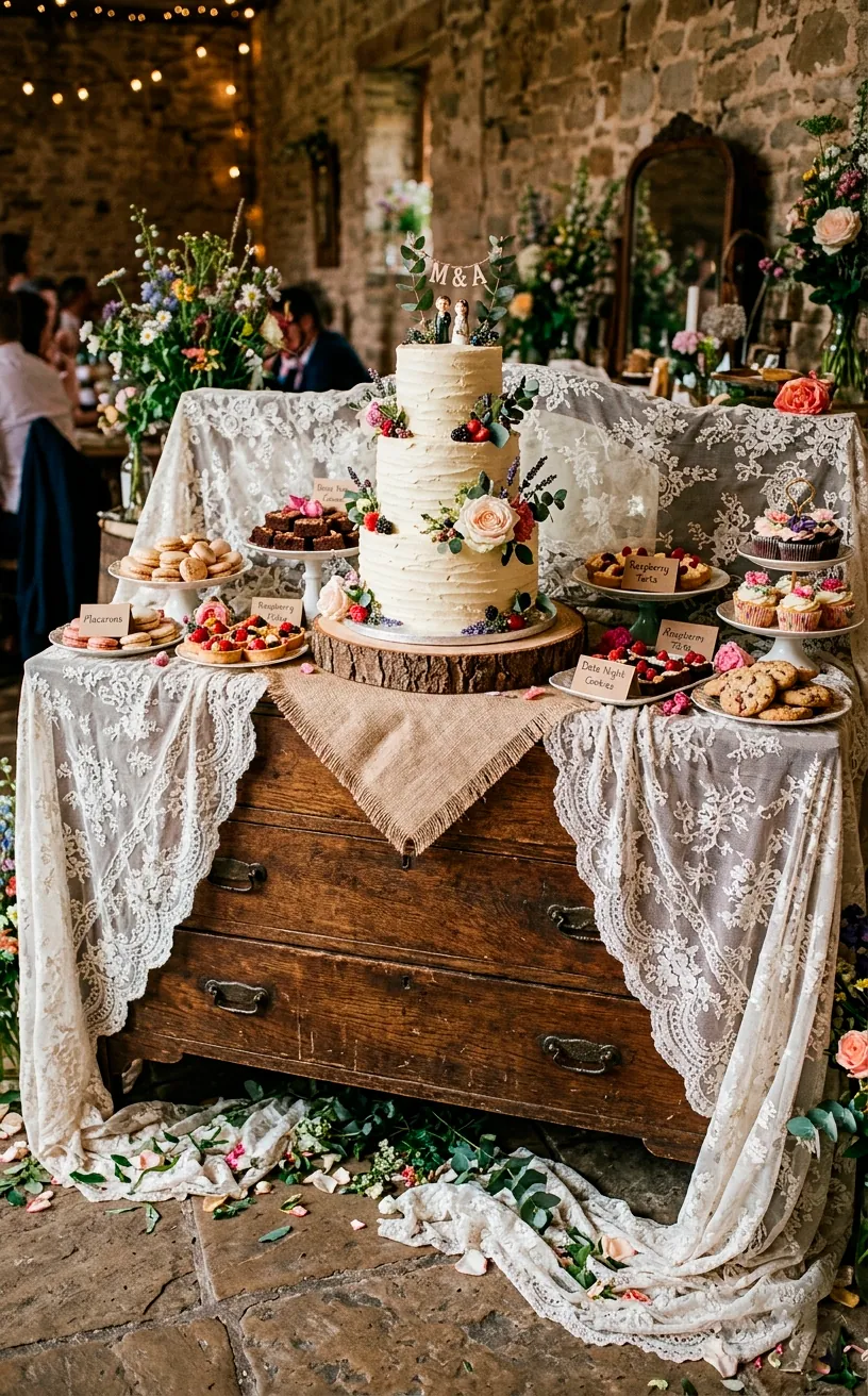 Wedding dessert table on a vintage dresser with an intricate lace overlay and burlap coasters