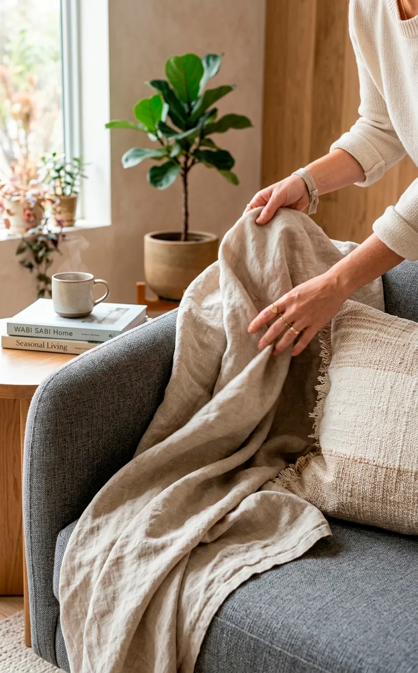 Hands draping a lightweight summer linen throw over a modern living room sofa.
