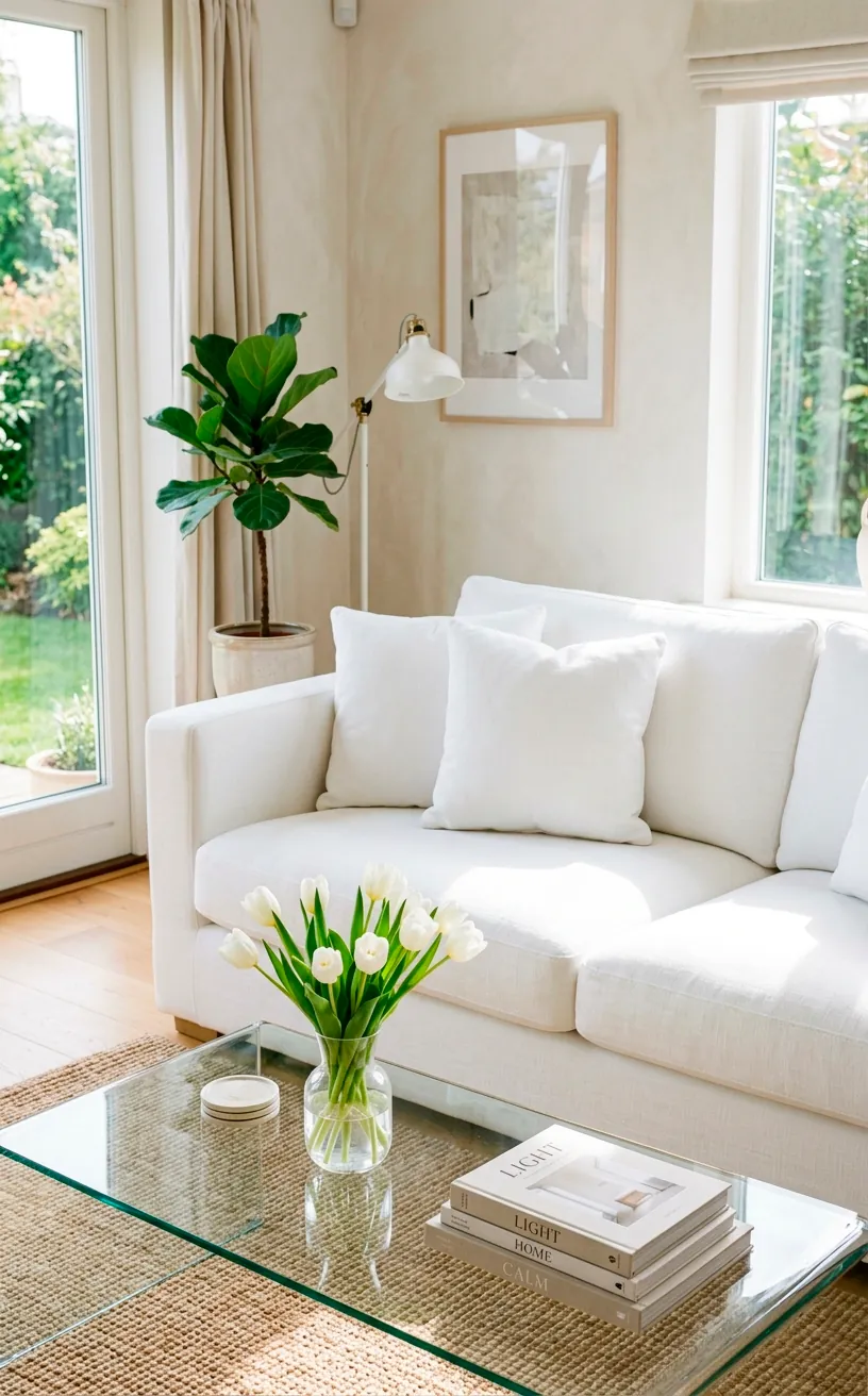 Spotless white sofa in a bright room with tulips on a glass table