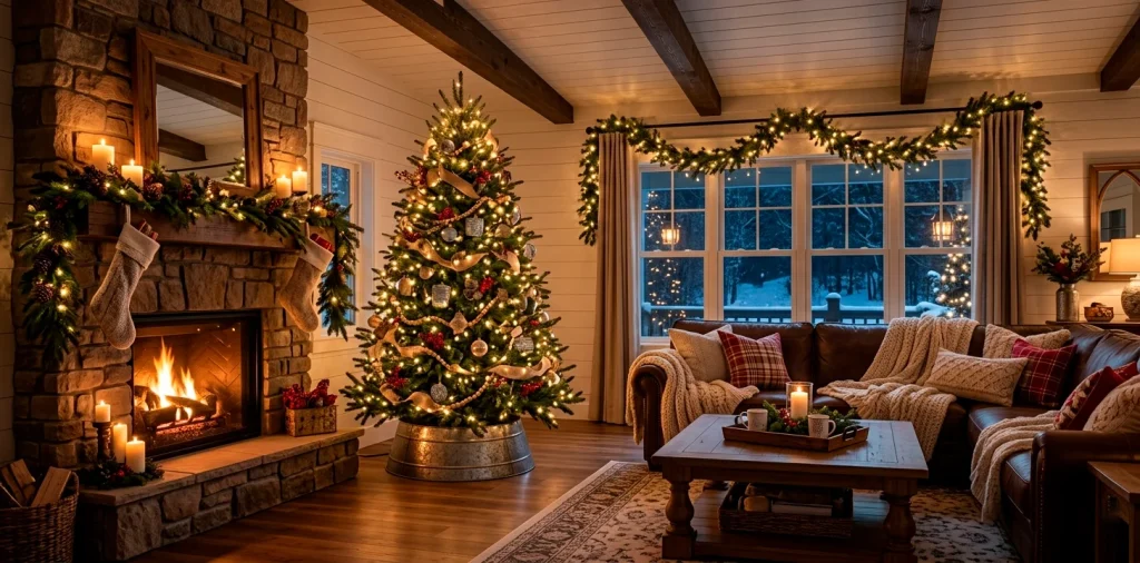 Cozy farmhouse living room featuring rustic galvanized metal holiday decor accents and warm festive lighting.