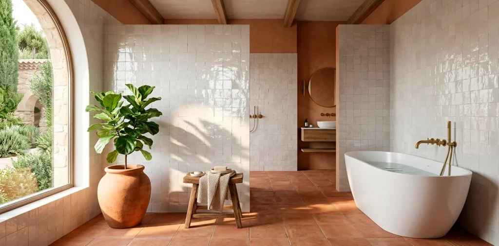 Wide view of a terracotta bathroom featuring glossy emerald green Zellige tiles and brass fixtures.