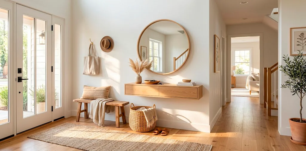 A bright, airy entryway featuring a light oak console table, wooden bench, and round wood-framed mirror in a seamless layout.