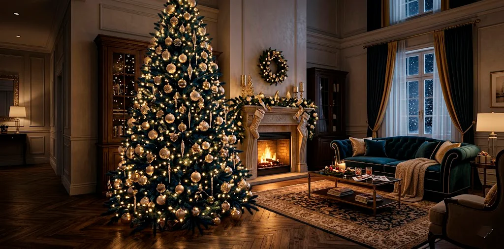 Grand midnight blue and champagne Christmas tree in a moody luxury living room for 2026 holiday trends.