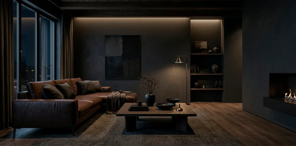 Moody living room interior decorated with stylish matte black accessories and dark charcoal walls