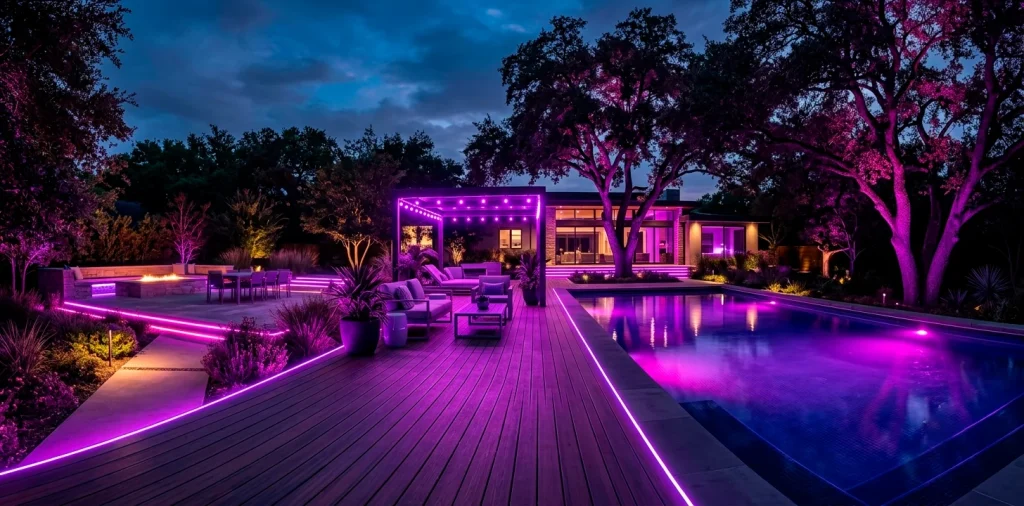 Wide view of a modern luxury backyard illuminated at night with electric neon and purple LED lighting
