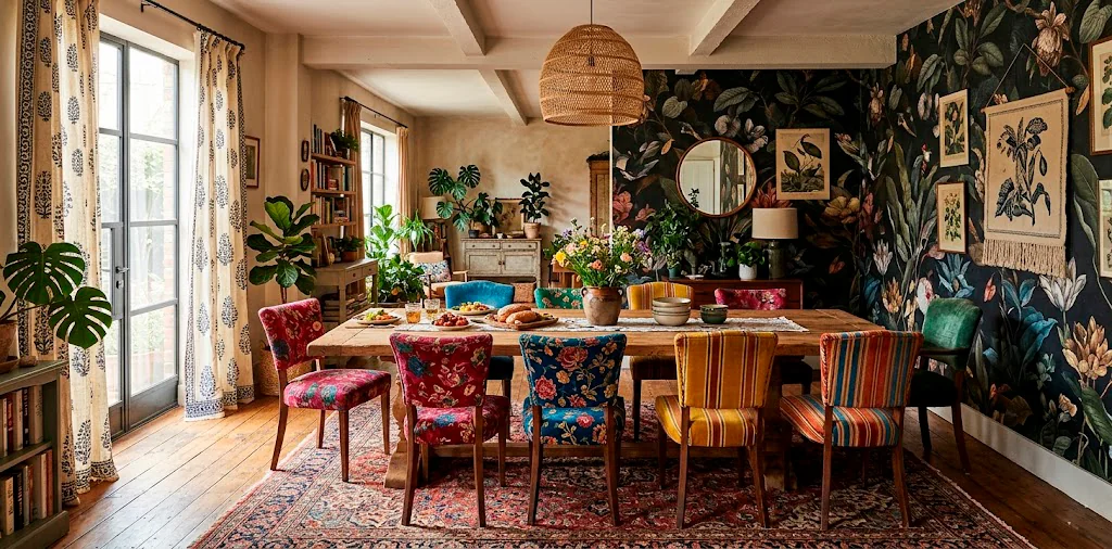 A beautifully styled bohemian dining room featuring mismatched patterned chairs, a wooden table, and botanical wallpaper.