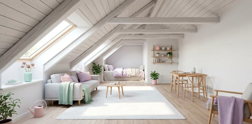 Bright Scandinavian attic apartment interior featuring minimalist light oak furniture and soft pastel color accents.