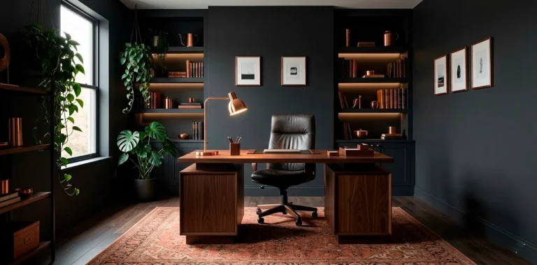 Sophisticated home office with charcoal walls, a walnut desk, distressed leather chair, and warm copper accents.