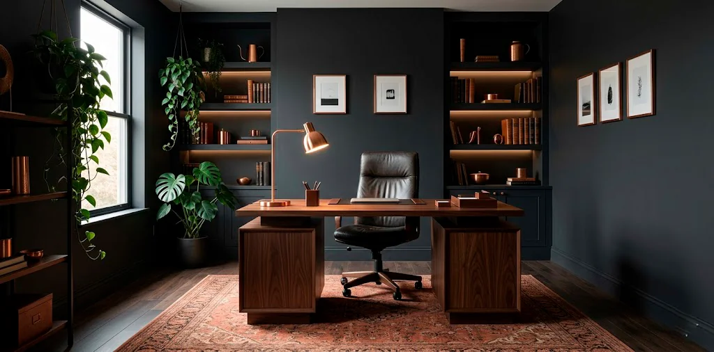 Sophisticated home office with charcoal walls, a walnut desk, distressed leather chair, and warm copper accents.