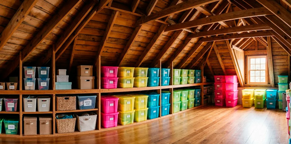Colorful plastic storage bins neatly stacked on wooden shelves in a bright, beautifully organized attic space