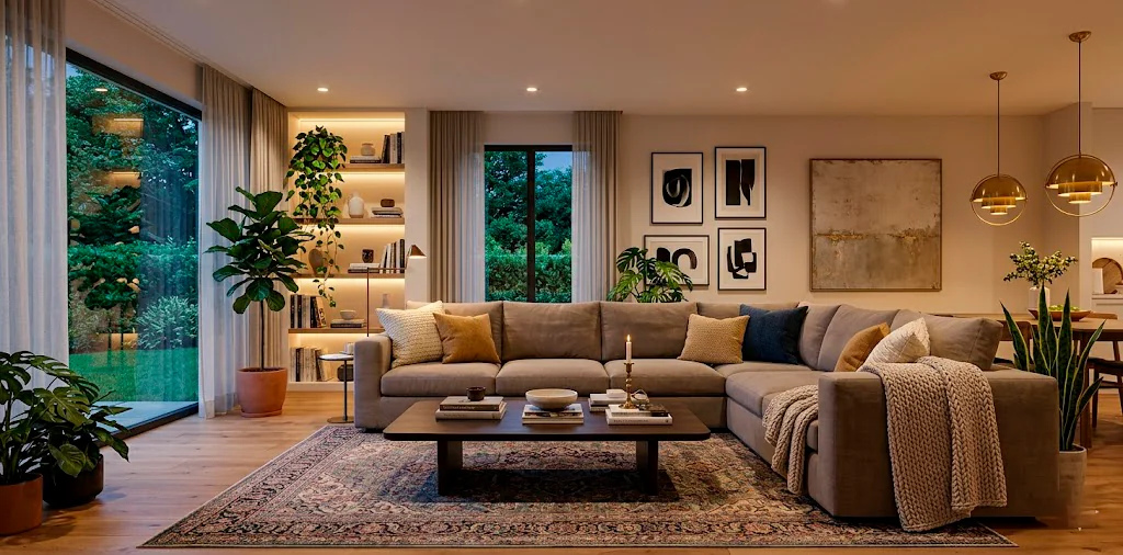 A perfectly curated, cozy living space showcasing a blend of modern furniture, warm lighting, and lush indoor plants.