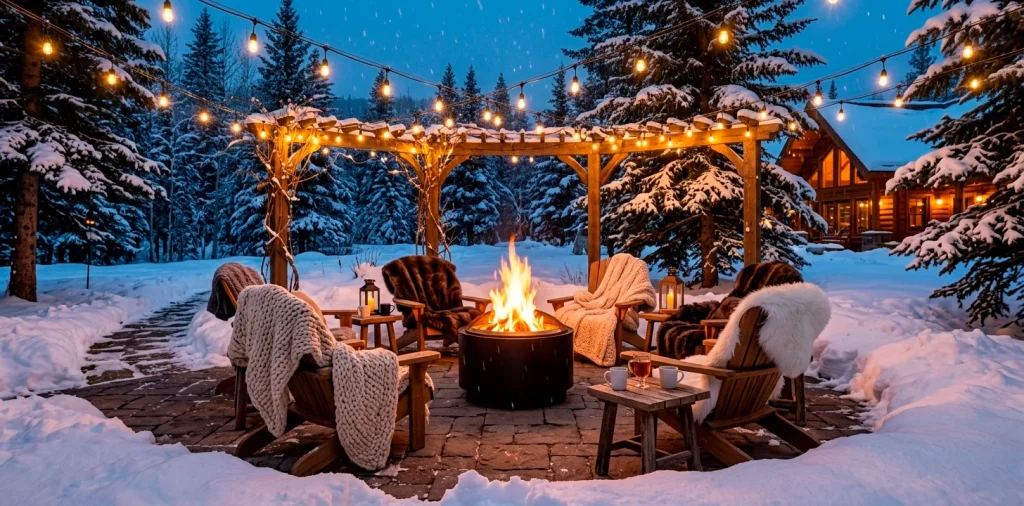 Beautiful cozy winter outdoor seating area featuring a warm glowing fire pit, heavy teak chairs, and string lights.