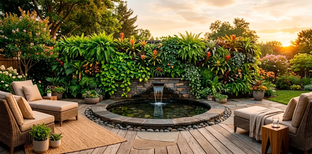 Stunning patio pond surrounded by a lush vertical living wall with ferns and natural stone accents at golden hour.