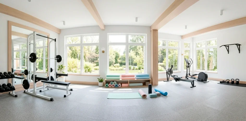 Bright and spacious minimalist tiny home gym painted in cool whites with light flooring