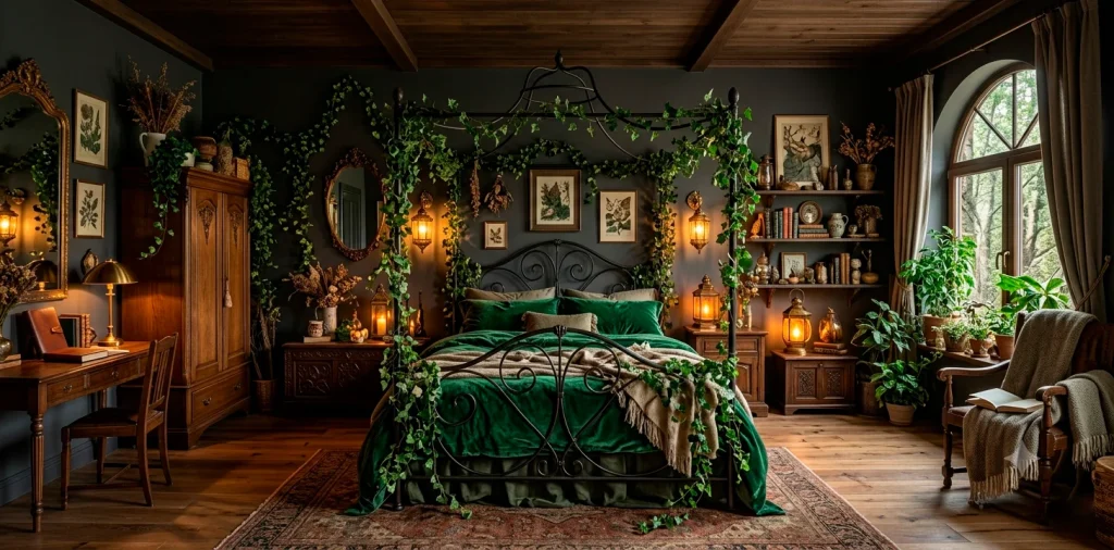Moody dark cottagecore bedroom with charcoal walls, ivy garlands, and a wrought iron bed.