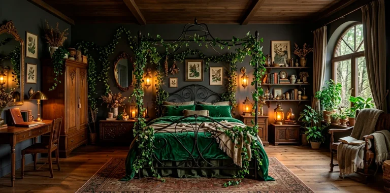 Moody dark cottagecore bedroom with charcoal walls, ivy garlands, and a wrought iron bed.