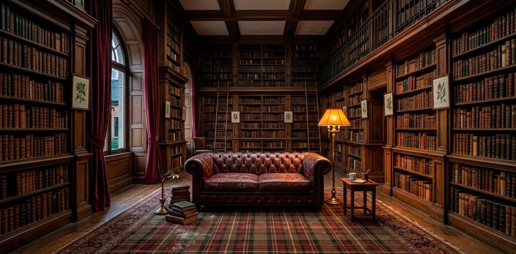 Moody dark academia interior featuring dark walnut bookshelves, a distressed leather sofa, and rich burgundy curtains.