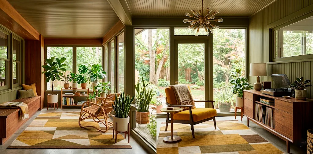 A mid-century modern enclosed porch featuring a mustard velvet chair, olive green walls, and retro wood furniture.