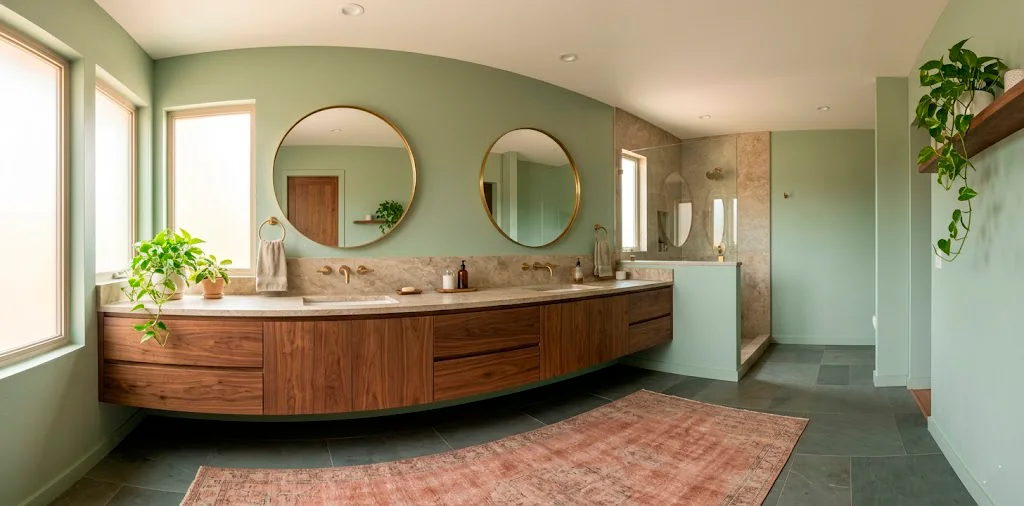Wide view of a relaxing sage green bathroom featuring a warm wood vanity, brass mirrors, and natural stone floors.