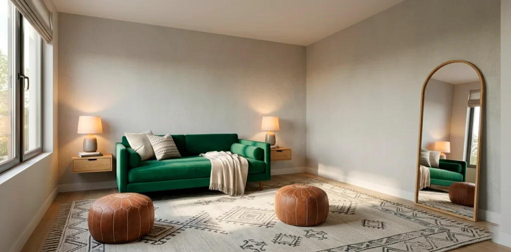 Wide view of a brilliantly designed small modern guest bedroom featuring space-saving furniture and a chic daybed.