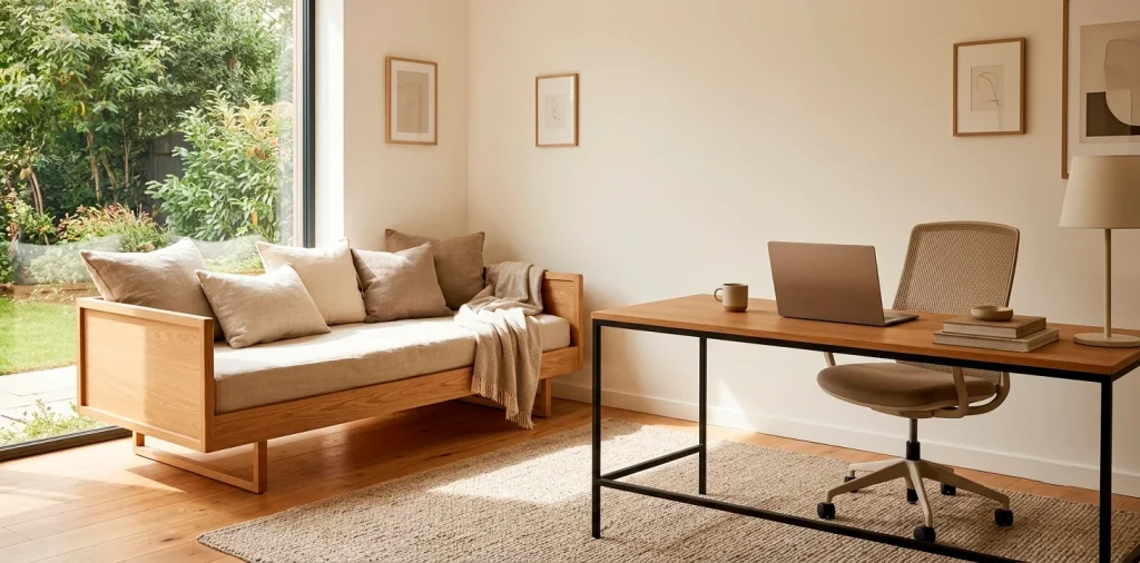 Modern home office guest room featuring a styled wooden daybed with linen cushions and a minimalist desk setup.