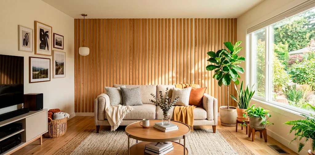 A wide horizontal view of a modern living room with a temporary wooden slat wall behind a cozy couch.