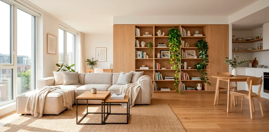 Bright and airy modern studio apartment featuring space-saving layout and multi-functional furniture