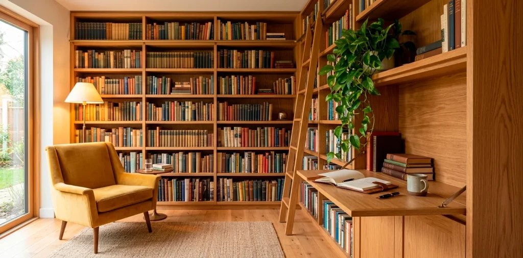 Wide view of a small home library featuring a floor-to-ceiling wooden bookshelf with a built-in hidden fold-out desk.