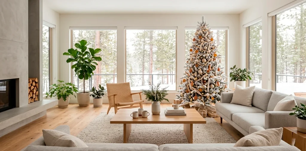 Organic modern living room with a decorated white flocked Christmas tree and warm fairy lights.