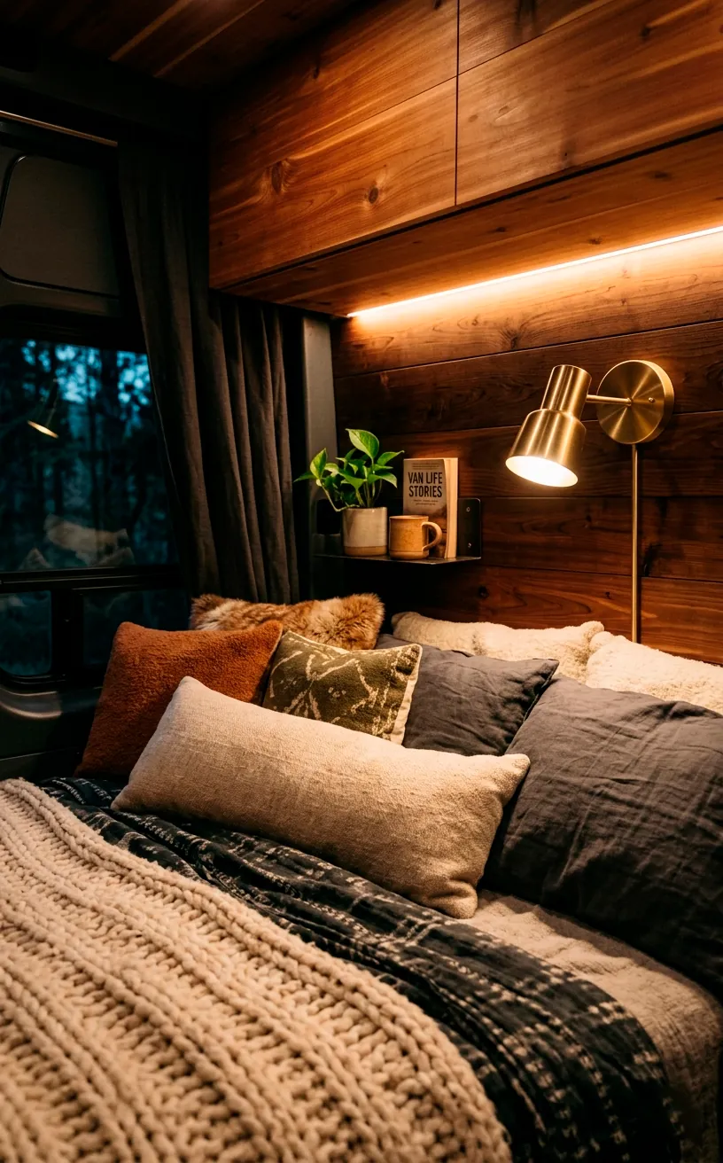 Cozy van bed area illuminated by warm hidden LED strips and a brass reading lamp.