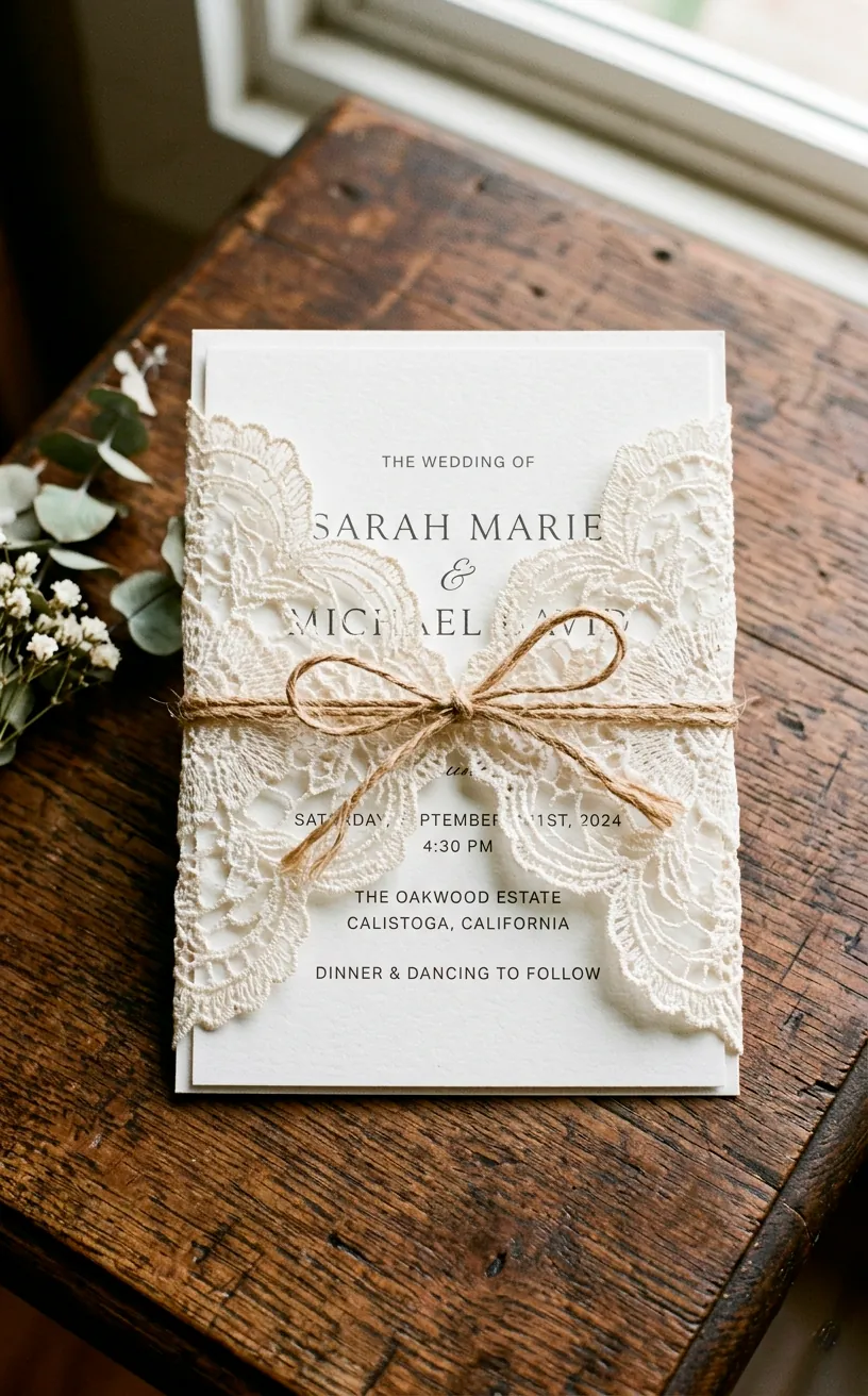 Minimalist wedding invitation wrapped in a laser-cut lace sleeve and tied with a thin burlap string