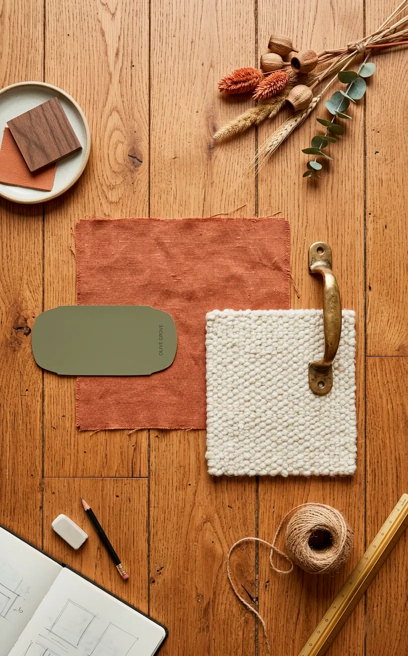 An interior design flat lay showcasing color swatches, terracotta fabric, olive green paint chips, and brass hardware.