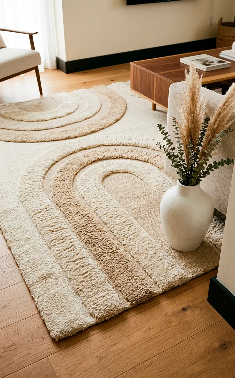 Cream and beige tufted rug with abstract high-low arch motif.
