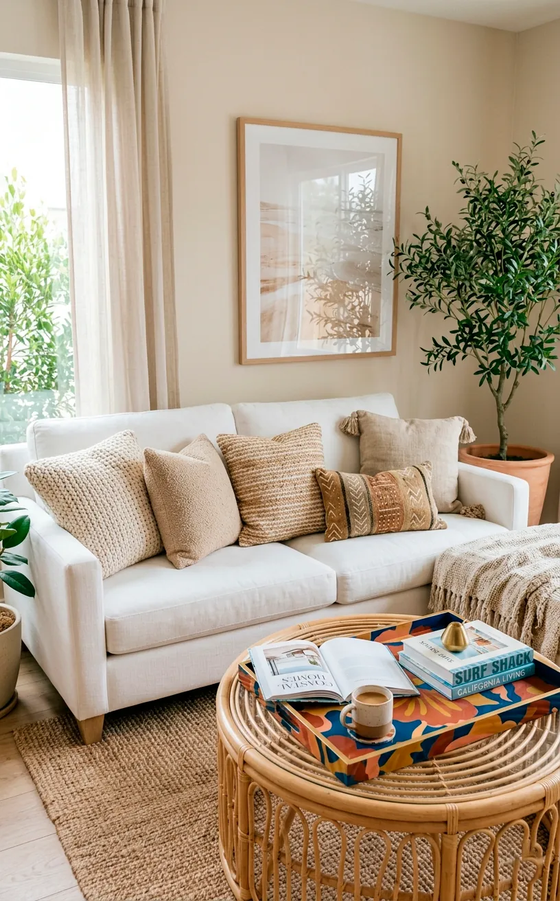 White sofa styled with textured pillows and a colorful coffee table tray