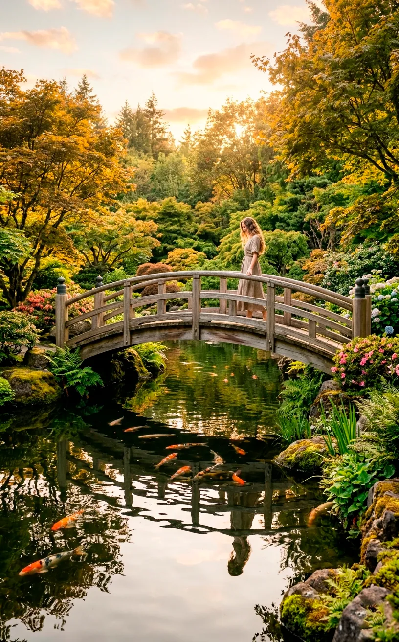 A beautiful wooden cedar bridge crossing a quiet koi pond in a romantic backyard garden