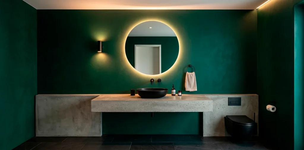 Modern powder room featuring emerald green walls, concrete vanity, and bold matte black faucet accents.