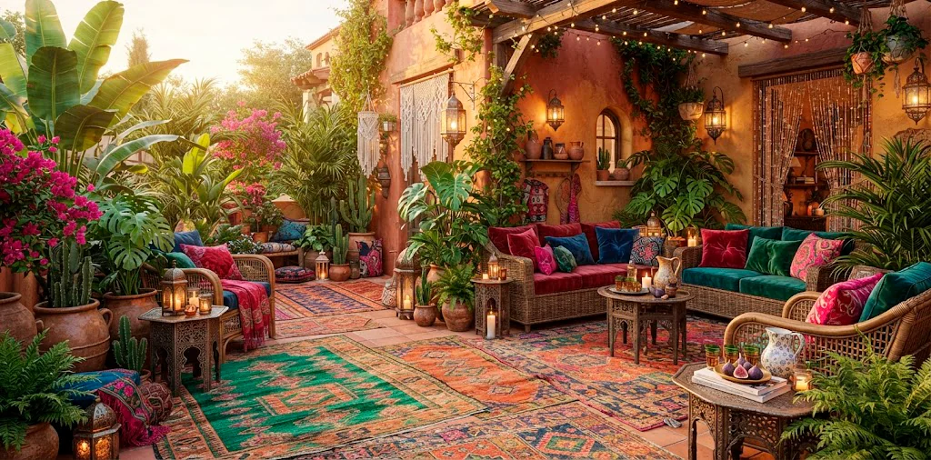 Vibrant maximalist patio design featuring layered colorful rugs, jewel-toned furniture, and lush tropical plants.
