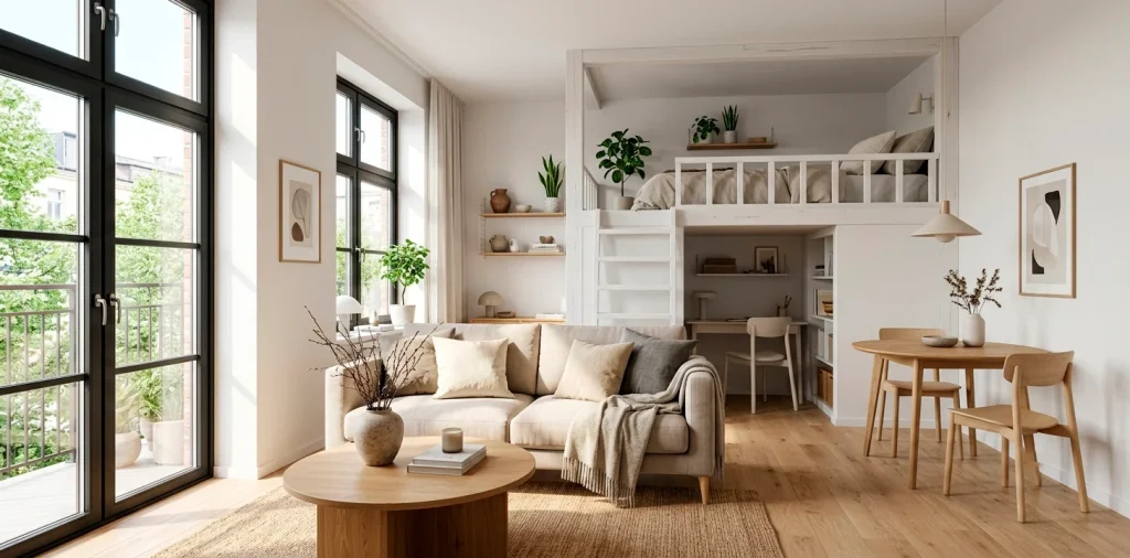 Bright and airy Scandinavian studio apartment layout with a beige sofa, pale wood floors, and large windows