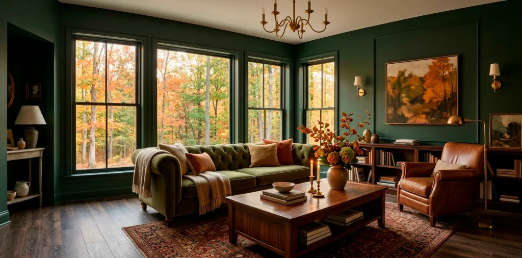 Sophisticated deep forest green living room with warm wood tones and velvet furniture for autumn.