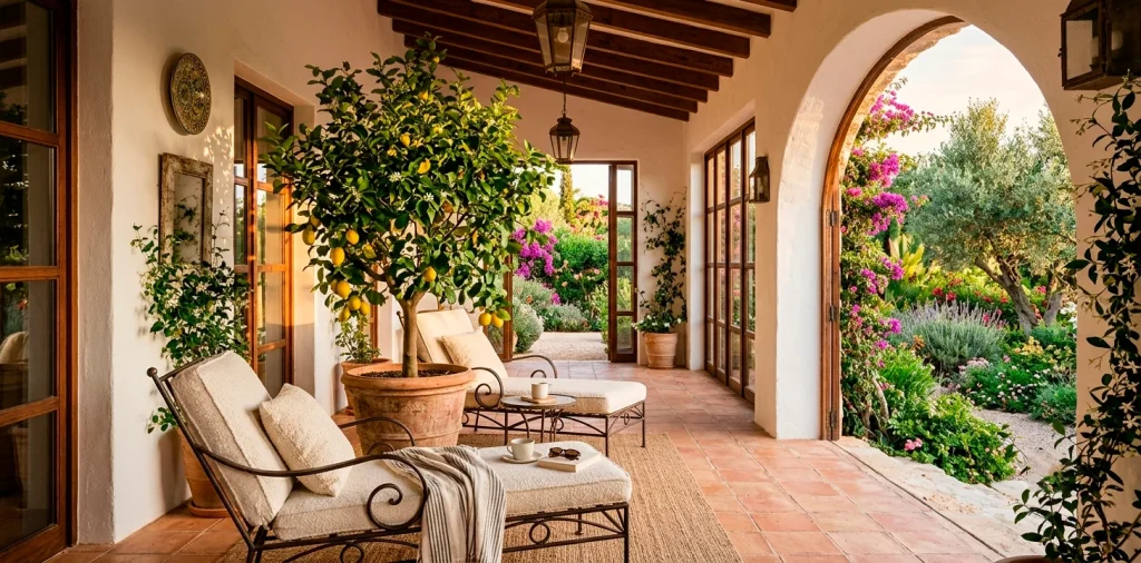 Beautiful Mediterranean sunroom featuring earthy terracotta tiles, whitewashed walls, and a potted citrus tree.