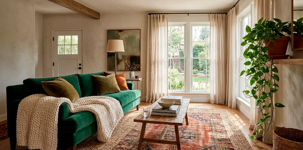 Wide view of a small luxury living room showcasing layered textures like velvet, jute, wood, and brass.