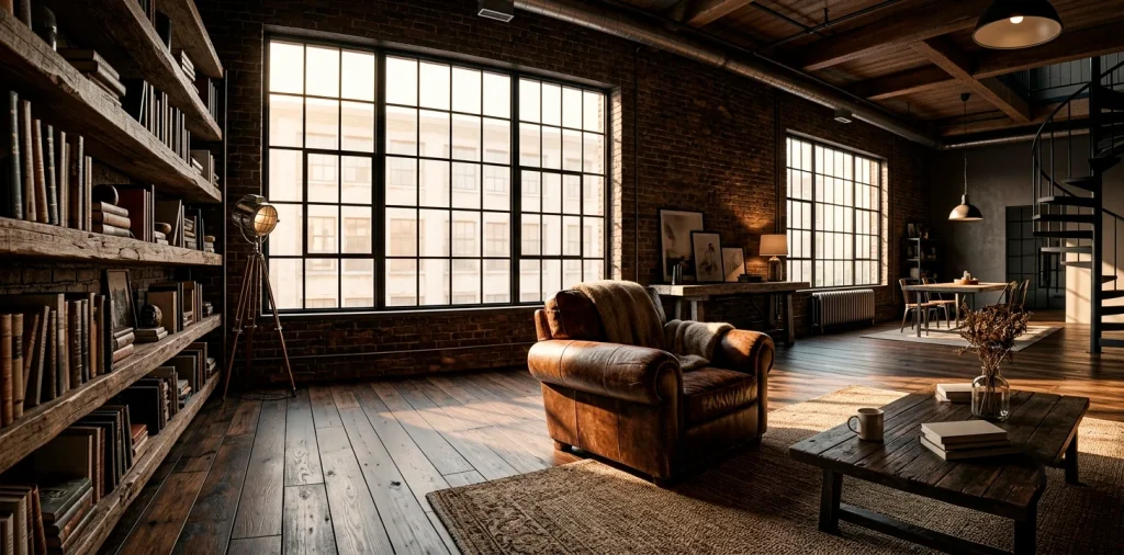 A spacious industrial loft reading nook with a distressed leather chair, exposed brick walls, and a vintage metal floor lamp.