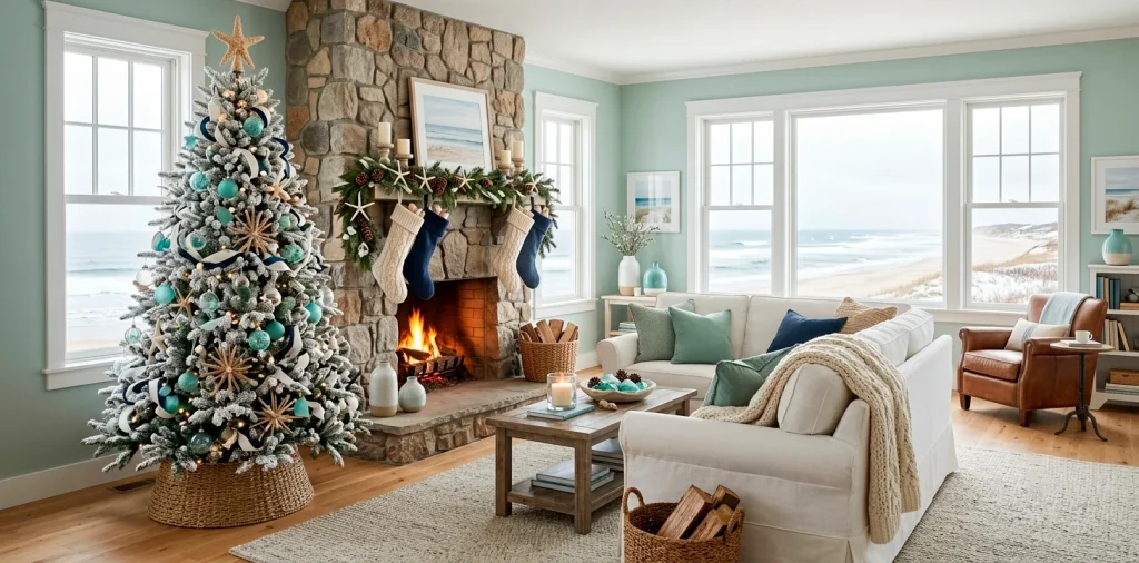 Coastal themed living room decorated for winter holidays with a flocked tree and sea glass ornaments