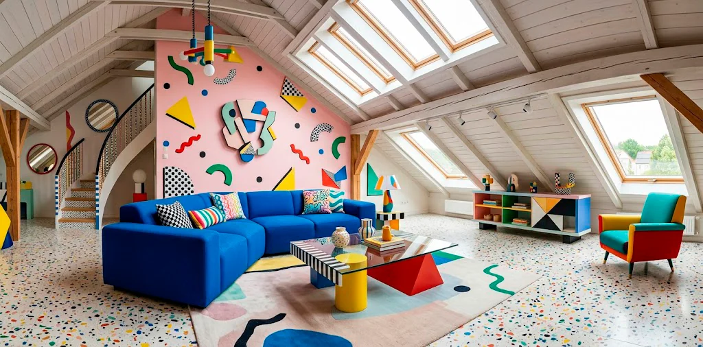 Wide view of a bold Memphis style attic loft featuring chunky blue furniture, terrazzo floors, and a pastel squiggle wall.