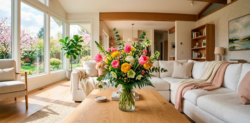 Vibrant spring floral arrangement with tulips and ranunculus on a modern coffee table in a bright living room.