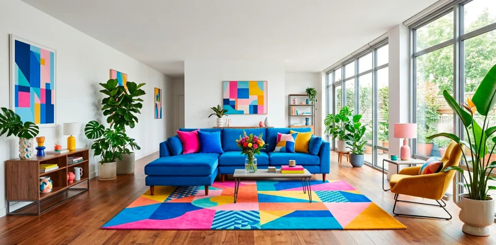 Vibrant modern living room featuring a high-energy color palette with bright pink and electric blue accents