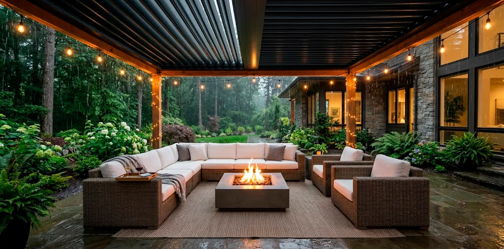 Luxurious weatherproof outdoor living room patio with louvered roof and modern furniture during a gentle rainstorm.
