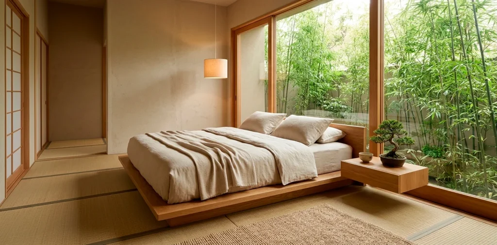 Harmonious Zen guest room with a low profile wooden bed, natural linens, and a tranquil bamboo garden view.