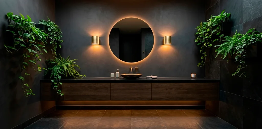 Dark modern bathroom with brass wall sconces and warm amber LED mirror lighting